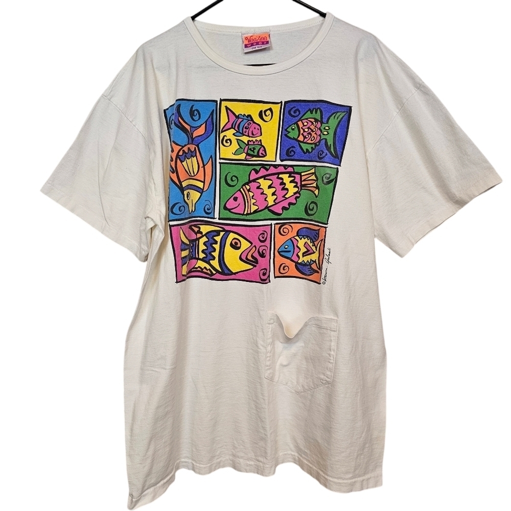 One Size Vintage 80s 90s Fish Grapic Oversized T-Shirt Mini Dress Tunic - Picture 1 of 6